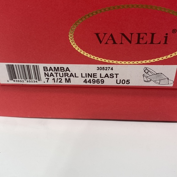 VANELI Bamba Natural Canvas Animal Print Detail Gold Trim Heel Size 7.5 Med NEW - Picture 14 of 16